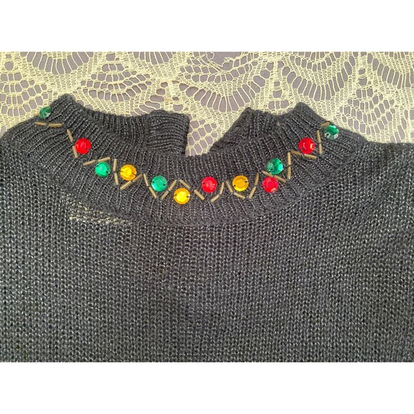 Vintage 80s Fancy Sweater 1980s Black & Silk Long Sleeve New Wave Size Large - Picture 7 of 8